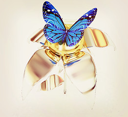 Image showing Blue butterflys on a chrome flower with a gold head. 3D illustra