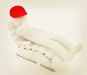 Image showing 3d white man lying chair with thumb up. 3D illustration. Vintage