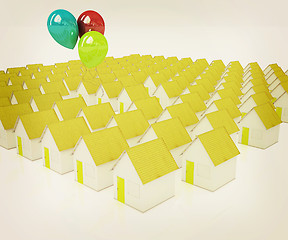 Image showing House with colorful balloons . 3D illustration. Vintage style.