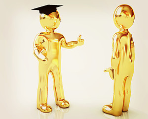 Image showing Golden 3D mans in a grad hat and a man. 3D illustration. Vintage