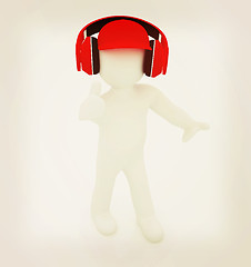 Image showing 3d white man in a red peaked cap with thumb up and headphones . 