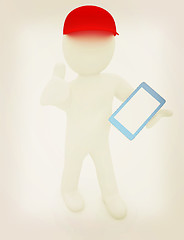 Image showing 3d white man in a red peaked cap with thumb up and tablet pc . 3