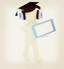 Image showing 3d white man in a grad hat with thumb up, headphone and tablet p