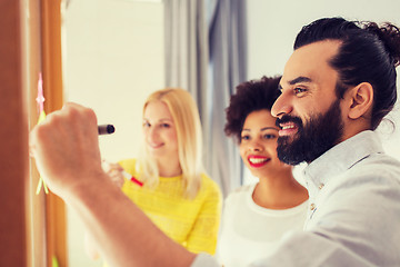 Image showing happy creative team writing on stickers at office