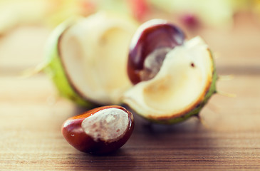 Image showing close up of chestnut on wooden table