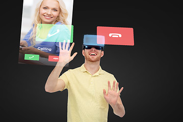 Image showing happy man in virtual reality headset or 3d glasses