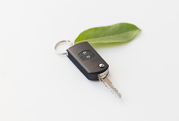 Image showing close up of car key and green leaf