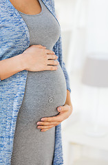 Image showing close up of pregnant woman belly and hands