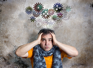 Image showing Bewildered Man Releasing Thought Train of Cogs