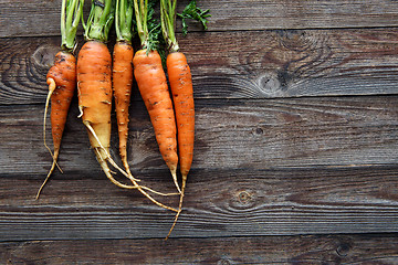 Image showing Raw carrot with green leaves on wooden background