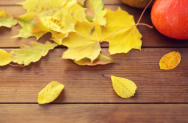 Image showing close up of pumpkins on wooden table at home