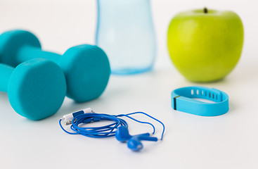 Image showing close up of dumbbells, pulse tracker and earphones