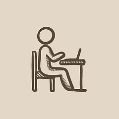 Image showing Businessman working on laptop sketch icon.