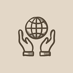 Image showing Two hands holding globe sketch icon.