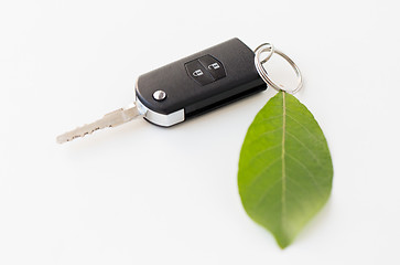 Image showing close up of car key and green leaf