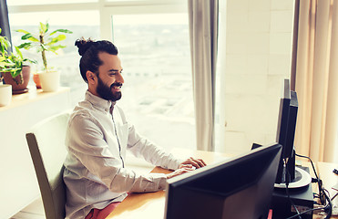 Image showing happy creative male office worker with computer