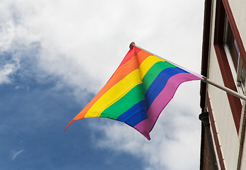 Image showing close up of rainbow gay pride flag waving outdoors