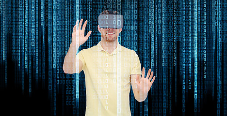 Image showing happy man in virtual reality headset or 3d glasses