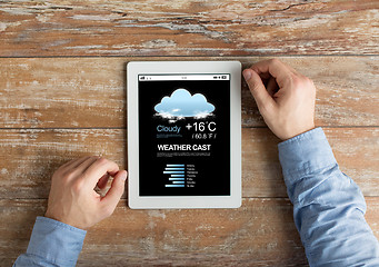 Image showing close up of male hands to tablet pc on table