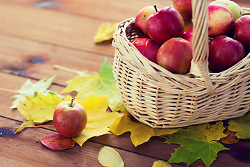 Image showing close up of basket with apples on wooden table