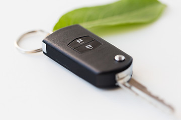 Image showing close up of car key and green leaf