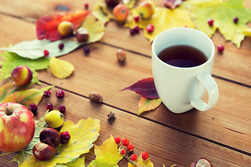 Image showing close up of tea cup on table with autumn leaves