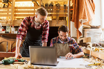 Image showing carpenters with laptop and blueprint at workshop