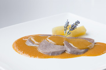 Image showing beef tongue spanish traditional cuisine with wine sauce