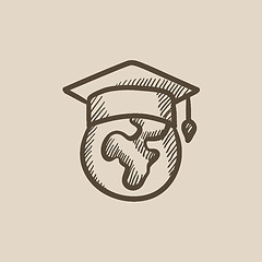 Image showing Globe in graduation cap sketch icon.