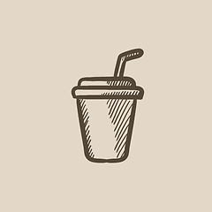 Image showing Disposable cup with drinking straw sketch icon.