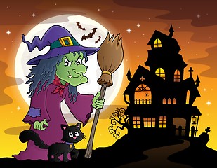 Image showing Witch with cat and broom theme image 3