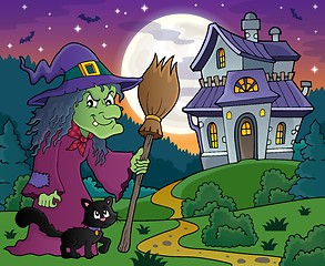 Image showing Witch with cat and broom theme image 4