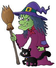 Image showing Witch with cat and broom theme image 1