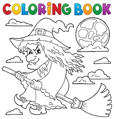 Image showing Coloring book witch on broom theme 1