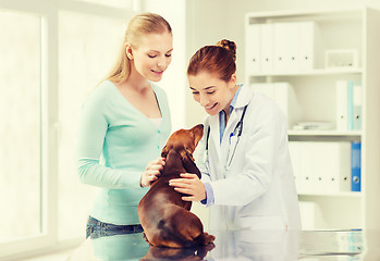 Image showing happy woman with dog and doctor at vet clinic