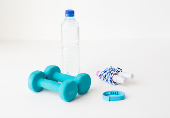 Image showing dumbbells, skipping rope, pulse tracker and bottle
