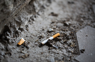 Image showing close up of smoked cigarette butt on ground