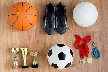 Image showing sports balls, boots, cups, whistle and medals