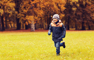 Image showing happy little boy running on autumn park field