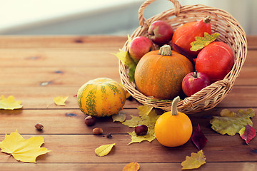 Image showing close up of pumpkins in basket on wooden table