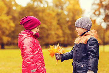 Image showing little boy giving autumn maple leaves to girl