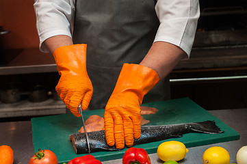 Image showing cutting salmon fish