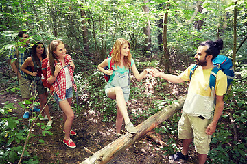 Image showing group of smiling friends with backpacks hiking