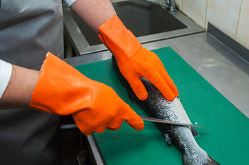 Image showing cutting salmon fish