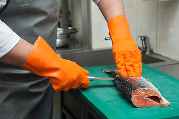 Image showing cutting salmon fish