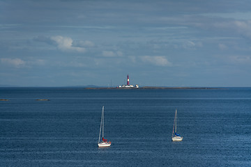 Image showing Seascape - Ferder lighthouse and sailboats