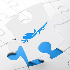 Image showing Travel concept: Airplane on puzzle background