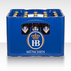 Image showing Crate of traditional classic German beer Bavarian brewery HB Munich