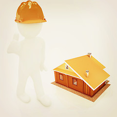 Image showing 3d architect in a hard hat with thumb up with real plans. 3D ill