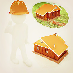 Image showing 3d architect in a hard hat with thumb up with real plans. 3D ill